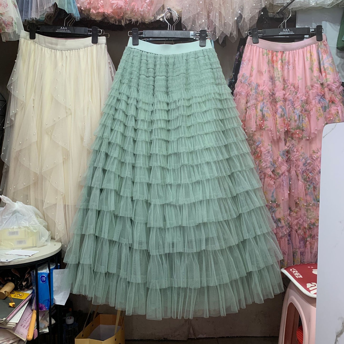 A woman in a lace cake skirt