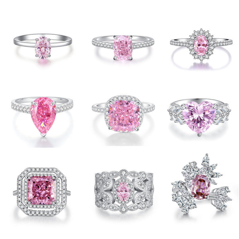 S925 Sterling Silver Zircon Ring Women Pink Ice Flower Cut