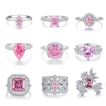 S925 Sterling Silver Zircon Ring Women Pink Ice Flower Cut