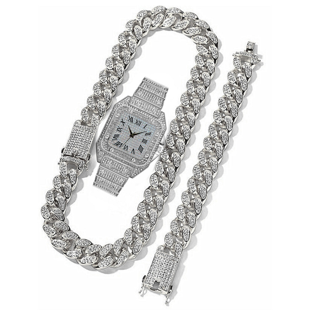 Hip Hop Quartz Watch Set with Bracelet and Necklace